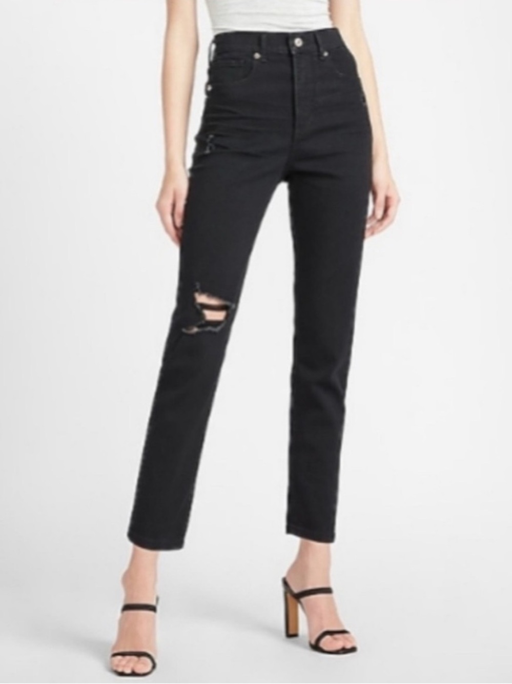Express Jeans Slim Straight Black Distressed Super High Rise Jeans Size 10